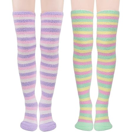 Two Pairs Thick Fleece Socks Women, Striped Over Knee High Socks, A Perfect Christmas Gift Choice.