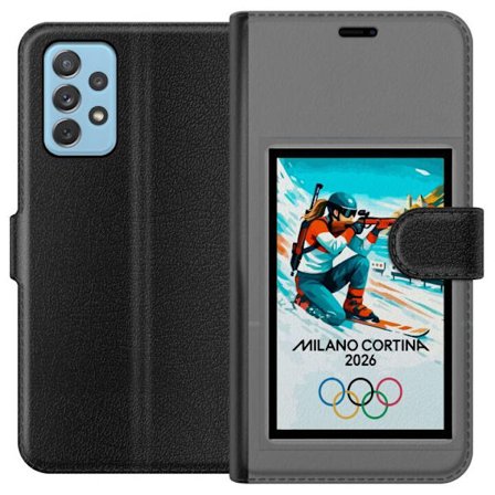 Kompatibelt Lommeboketui til Samsung Galaxy A72 5G Retroplakat Cortina Milano 2026 med fjell, vintersportsutøvere, italienske trikolor, Milano-katedra