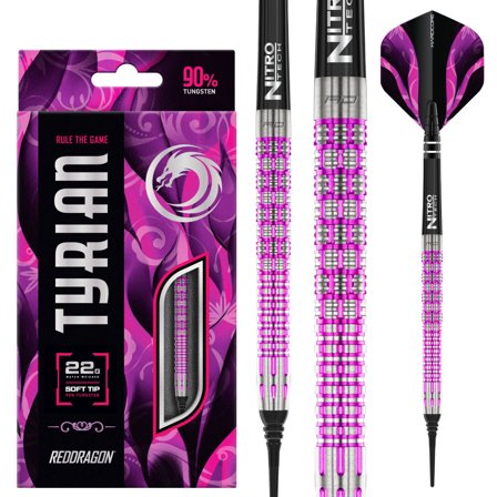 Red Dragon Tyrian Soft Tip Darts, 22g, 90% Tungsten, Purple Pink Silver, Pro Darts, Steel Tip, Match Weighted