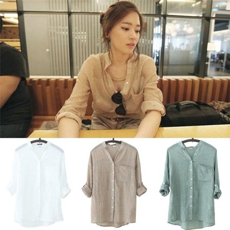 IC Kvinders Efterårstoppe Linnedesign Knapliste Løstsiddende Casual Arbejdsbluse L Khaki L