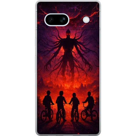 Kompatibelt Mobilskal till Google Google Pixel 7a Mörk fantasyillustration inspirerad av Stranger Things med övernaturlig varelse, blixtar och cykla
