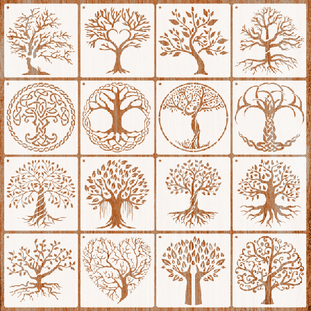 16 stk Tree of Life-sjablonger for Airbrush-maling av tre, naturlig