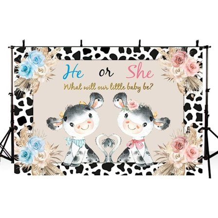 7x5ft Holy Cow Gender Reveal Bakgrund Boho Rosa Blå Blommor Fotografi Bakgrund Gender Reveal Fest Dekorationer Foto Rekvisita