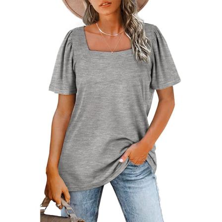 Dam Bomull T-shirt Fyrkantig Hals Plisserad Topp Dam Vandring