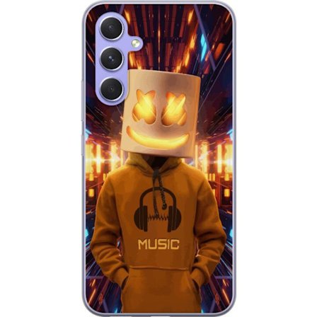 Kompatibel Mobilcover til Samsung Samsung Galaxy A54 DJ-figur med lysende hjelm og hættetrøje i futuristisk musikmiljø med neonlys.