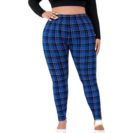 Dam Plus Size Rutiga Leggings med hög midja Skinny Byxor