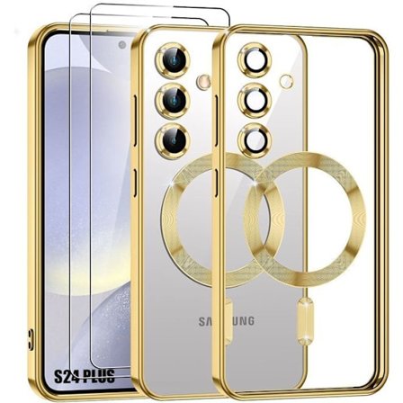 Beskytteksel - BOOLING - til Samsung Galaxy S24 Plus - Gylden - 2 Tempererede Glas - Magnetisk Ring