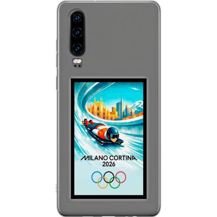 Yhteensopiva Puhelinkuori Huawei P30 Dynaaminen kelkkailija tai skeleton-ajaja jääkanavalla Milanon Cortina 2026 kanssa, kaupunkinäkymä ja olympialais
