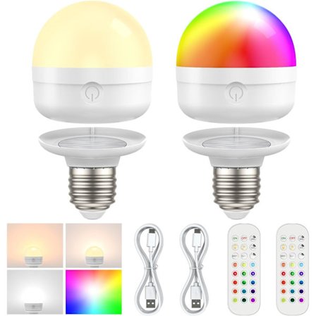 2-pack Uppladdningsbara LED-lampor med Fjärrkontroll, E27 Dimbar RGB-färger med Batteri, 6W Touchkontroll [Energiklass C]