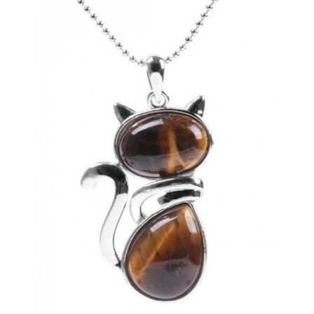 Halskjede - Dame - Sølvbelagt - Katteanheng - Naturlig tigerøye - 50 cm