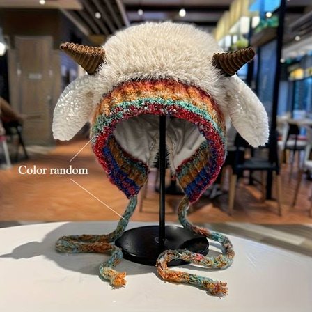 LS Vintervarm hue til kvinder - Foret, vindtæt beanie med lyse regnbuestriber og fluffy pompon, 4 farver tilgængelige (LGL)