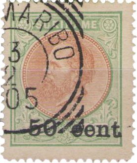 Suriname - 50 ct op 2 1/2 gld groen/oranjebruin (nr. 40, gebruikt)