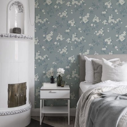 Duro Tapet, Karin 679-03 Blommor & Blad, L, Blå, Färg & tapeter