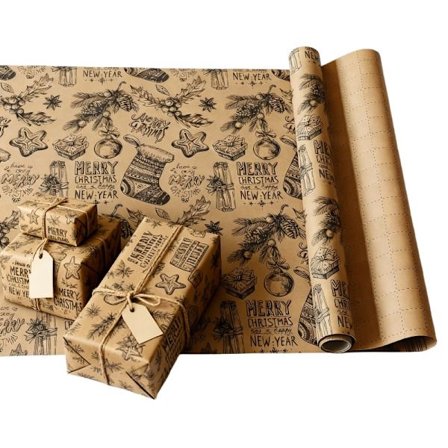 1 Stor Rull med Vintage Julegavepapir - Elegant Brun Kraftpapir med Rogn, Snøfnugg, Bjeller, Stjerner, Julenissen - 43,18x3 [YJD]