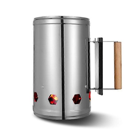 Kulstarter i rustfrit stål med kulstofcylinder og træhåndtag til hurtig optænding af kul til udendørs grill