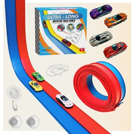 Bilbane til børn – Fleksibel 4,5 m racerbane startsæt med 4 biler, sugekopper, kroge og reb, dobbeltbane