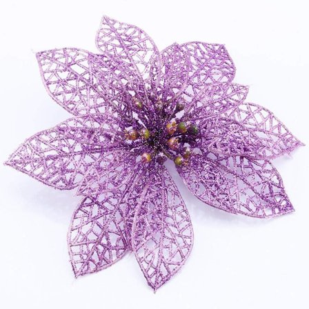 Juledekoration Glitter Lilla Juleblomster Hule Kunstig Stof KLB