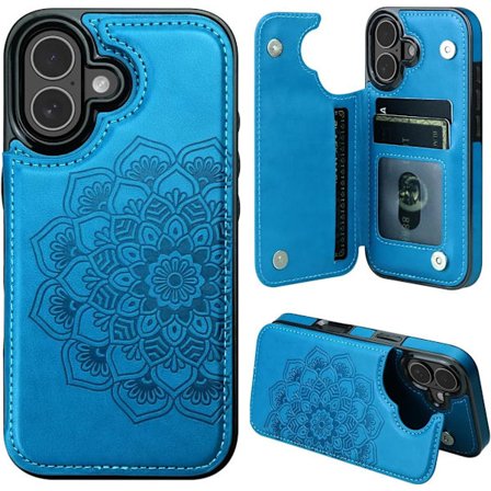 Telefoncover med kortslot til iPhone 17 Air, blomstret magnetisk lukning, beskyttende telefoncover i wallet-stil, blå