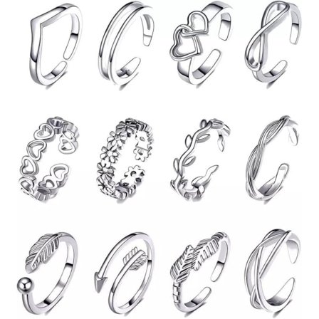 12-pack Boho Ringar / Örhängen - Justerbart silver