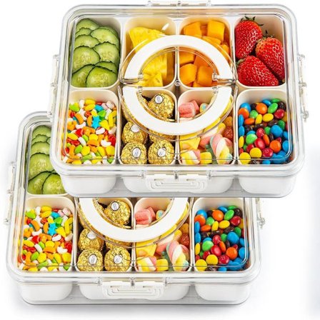 (2-pakning) Delt serveringsbrett med lokk og håndtak, 8 rom, snacksboks, charcuterie-beholder, snacksboks