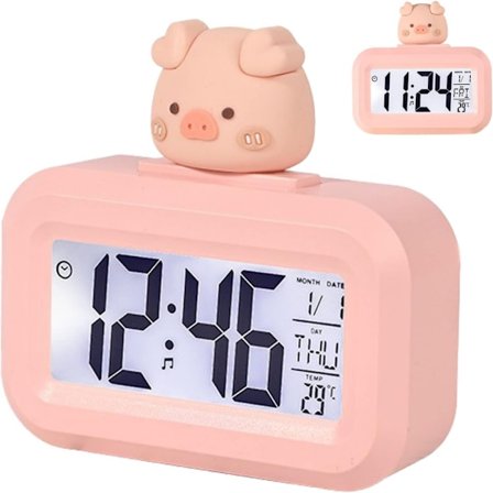 Sød elektronisk vækkeur (rosa gris), tegneserie LED-skærm elektronisk ur, viser tydeligt øjenbeskyttende børneværelsesnumre