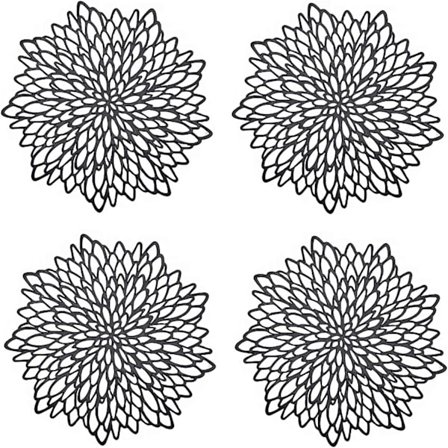 4 stk. Gullfargede plassmatter, Runde plassmatter med hullmønster, Runde plassmatter i plast, Brukes til varmeisolasjon (Svart)