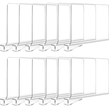 Justerbart tøjstativ med 12 klare akrylhylder, velegnet til trægarderober, soveværelser og køkkener.