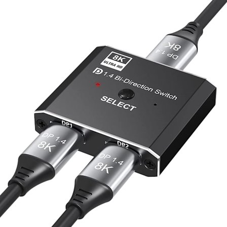 DP-switch version 1.4 8K@60Hz 1-til-2, 2-til-1, tovejs skifte- og distributionskonverter