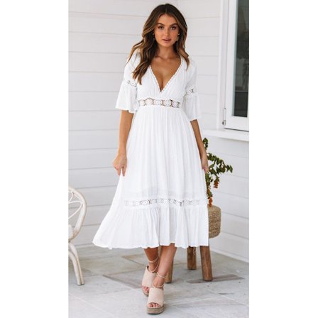 Kvinners bohemske kjole med dyp V-hals, sommerlig, flytende, lang maxi-kjole, sexy, hvit