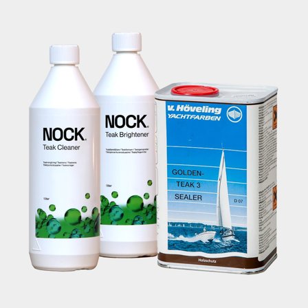 Pacote para teca sem brilho NOCK Golden Teak, Limpador de teca + Restaurador de teca + Selante para teca, 3 litros