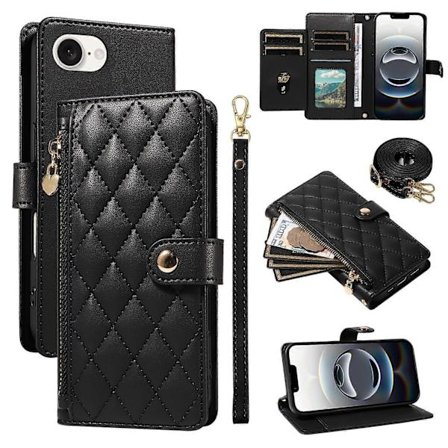 Kompatibel iPhone 16e Wallet Case med stropper, Rhombus Læder Stand Telefon Cover [DB]