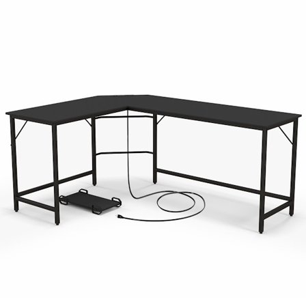 L-muotoinen tietokonepöytä pistorasialla & CPU-teline & Tukeva metallirunkoinen kulmapöytä musta