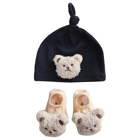 Tuulenpitävä vauvanhattu ja lattiasukkasetti vauvoille, söpö karhu-vauvan pipo