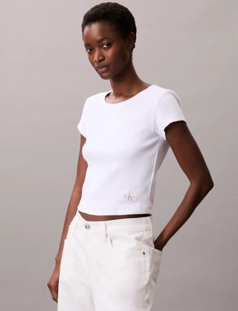 Calvin Klein Jeans A- Woven Label 2X2 Rib Baby Tee - White - XXS