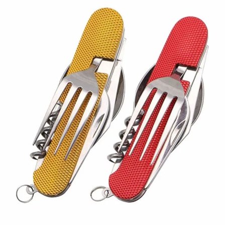 Sammenklappeligt campingbestiksæt i rustfrit stål, bærbart bestik 6-i-1 multiværktøj udendørs overlevelse rejsevandring bestiksæt 2 stk