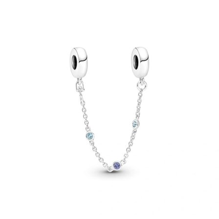 Pandora hopeinen turvaketju, jossa kolme sinistä jalokiveä, tuotenumero 791688C01, 5700302986334, ei määriteltävissä.