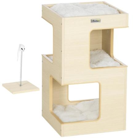 Rootz Cat House - Kissan luola - Kissan säiliö - 2-kerroksinen kissan luola - Sisältää lelun - Luonnon/vaaleanharmaa - 34cm x 34cm x 60cm