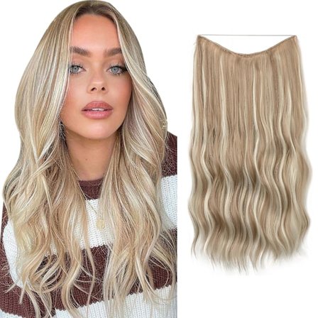 Halo Hair Extensions Osynlig Tråd Vågigt Lockigt Långt Syntetiskt Hårdelar För Kvinnor Justerbart Hårband 16H613 24 tum