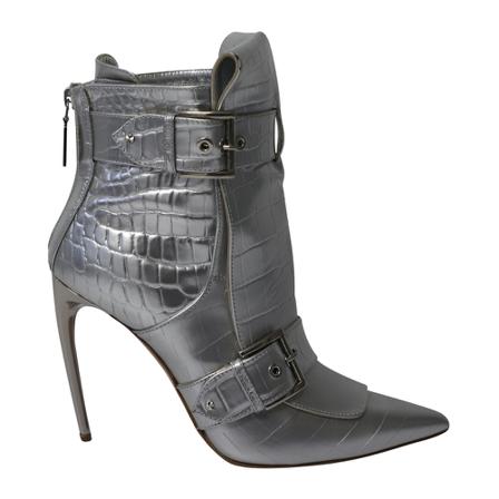 Alexander McQueen Pre-owned Pre-owned Alexander Mcqueen Croc-Embossed Ankle Støvler in Metallic Silver Leather Grå, Dame, Størrelse: 40 EU