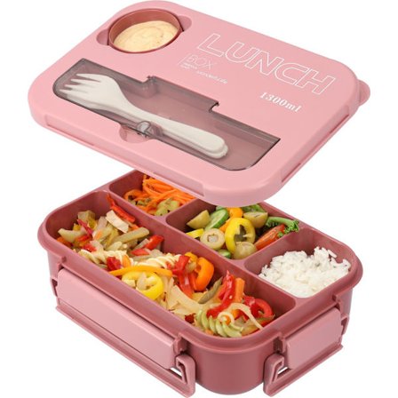 Smuk madkasse 1300ml, BPA-fri, Bento-boks, Kan også bruges som madkasse, Pink, Med bestik og saucebeholder - Pink