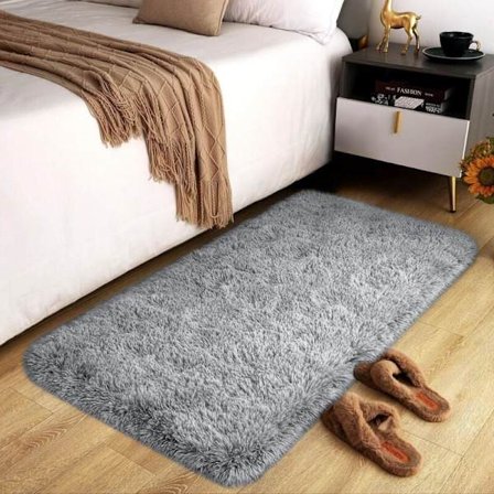 Fluffy Shag Rug 50cm x 80cm Non-Slip Super Soft Thick Pile Non-Shedding Plush Carpet for Living Room Bedroom Lounge Grey