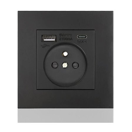 Fransk uttagspanel Typ-c+USB16A Typ 86, antal uttag: 2 hål, antal USB-portar: 1, antal typ-c-portar: 1, säker och fast(svart fyrkant