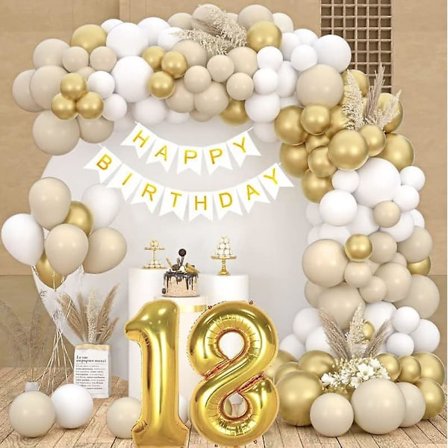 18-års födelsedagsdekoration - Beige vita guld ballonger Girlang