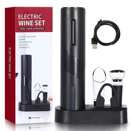 (Musta) Sähköinen korkkiruuvi - USB-lataus - Sisältää folioleikkurin, pullon sulkijan, viinin kaatajan, alustan - Musta