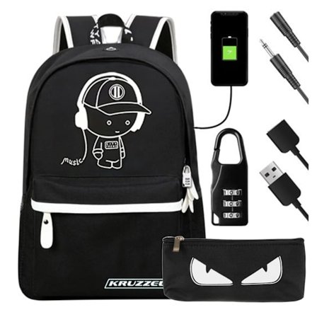 Rygsæk børn 19L – Skolerygsæk med kodelås og USB-port Sort