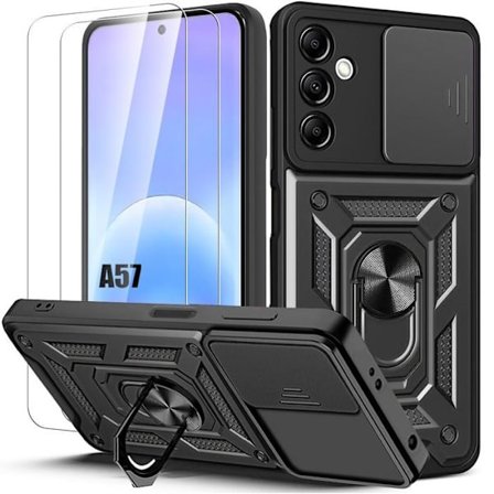 Cover til Samsung Galaxy A57 5G, Stødabsorberende med Ring og Kamerabeskyttelse Sort - 2 Tempererede Glas