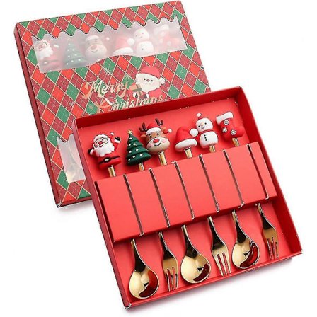 6 Julskedar & Gafflar i Rostfritt Stål, Röd Ask