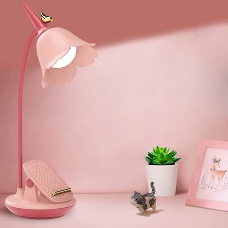 Rosa skrivebordslampe med klemme, oppladbar LED-lampe, justerbar svanehals, dimbar søt skrivebordslampe for barn jenter soverom sovesal kontor (FMY)