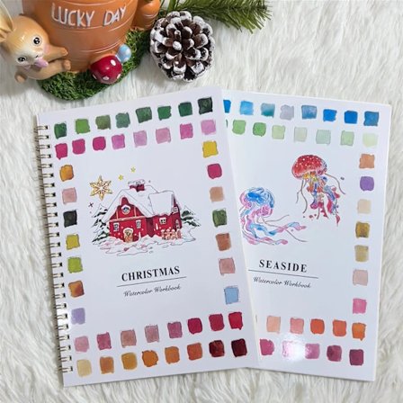 Akvarellityökirjat, aloittelijaystävällinen akvarellityökirja, 12 värin akvarellivärisetti siveltimellä, askartelu- ja maalaussarja lahja talvi