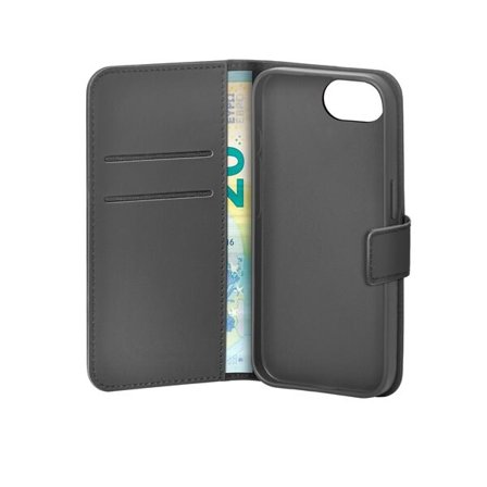 Puro Eco-Leather-etui for iPhone 16E m/horiz.flip+2 kortspor+seddellomme+deksel Svart